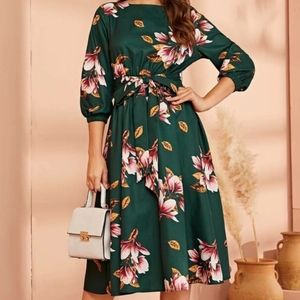 Dark Green Floral Midi Dress